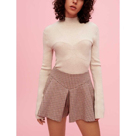 NWT Maje camel houndstooth flare cotton wool blend skirt style shorts, M - Picture 4 of 10